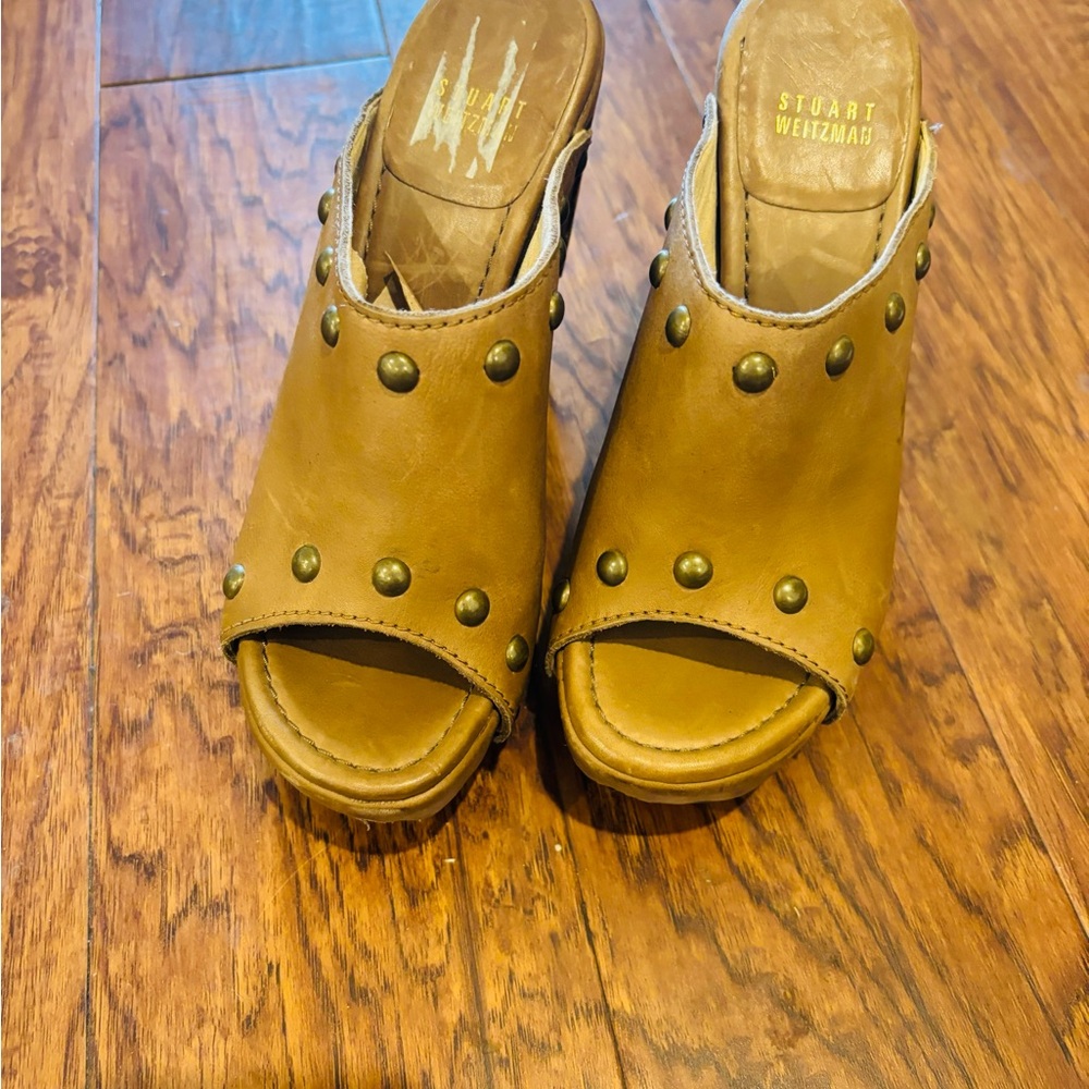 Stuart Weitzman Tan Wedge Shoes with Open Toe and Studded Design